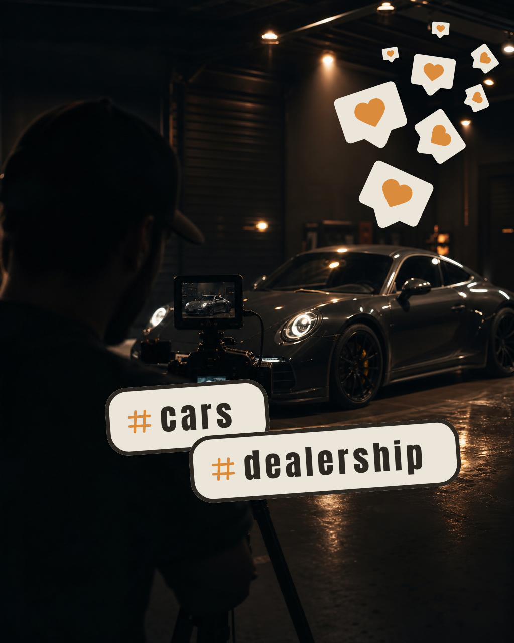 Car content creator filming a sports car under warm studio lights