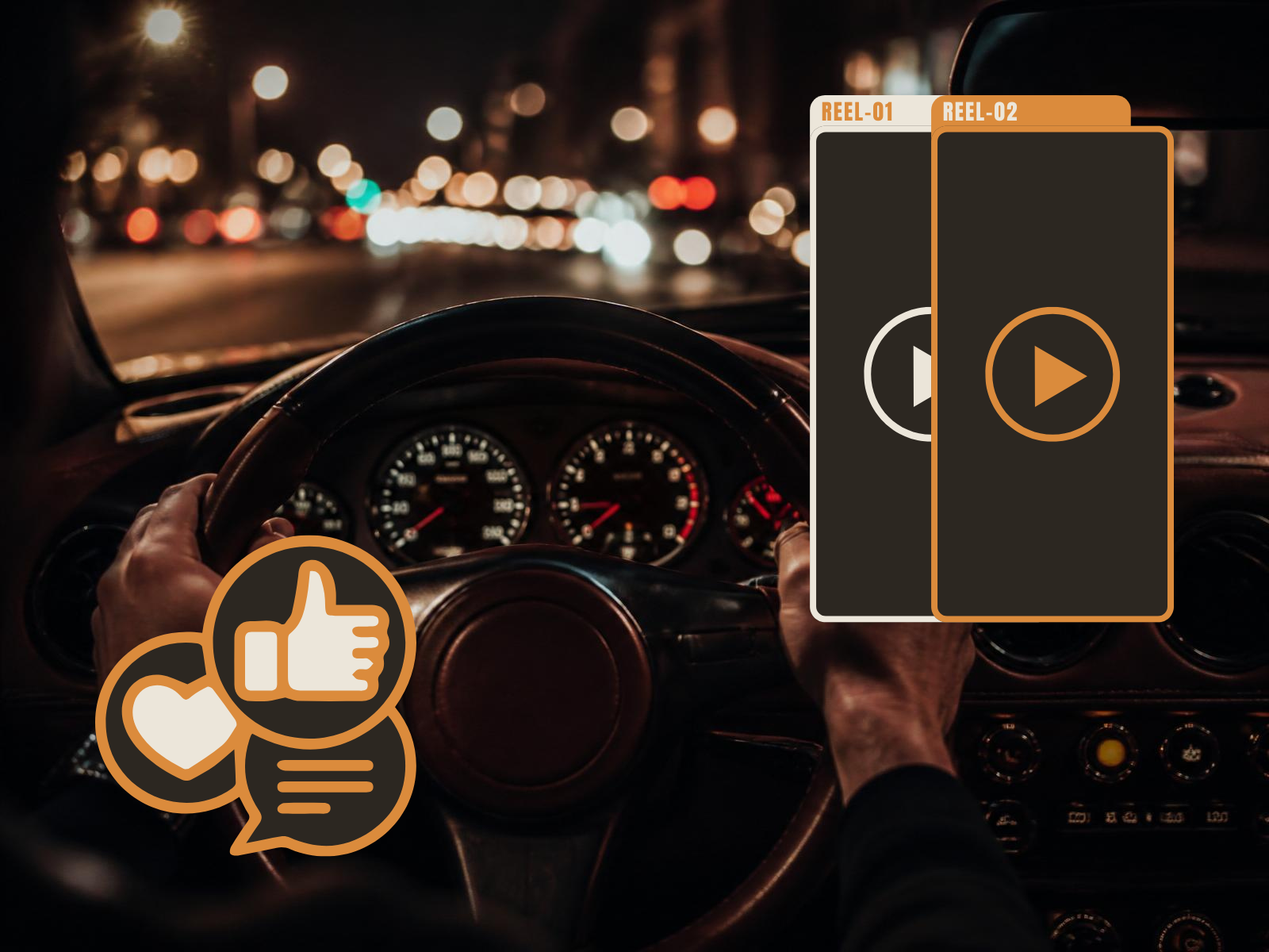 Driver's hands on the wheel of a classic car at night, with social engagement icons and two vertical phone reels showing video content