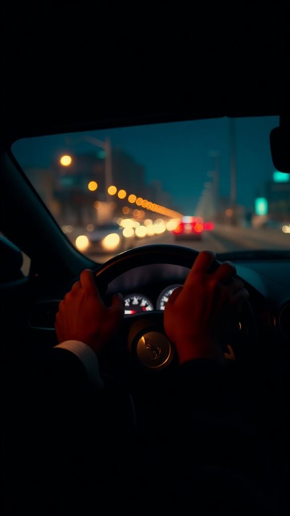 Driver's hands on the wheel with city bokeh at night
